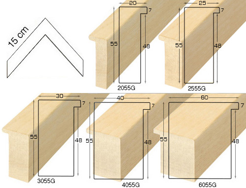 Complete set of corner samples of raw mouldings height 55mm (5 pieces)