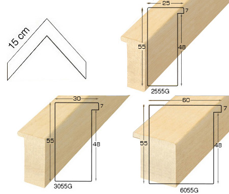 Complete set of corner samples of raw mouldings height 55mm (5 pieces)