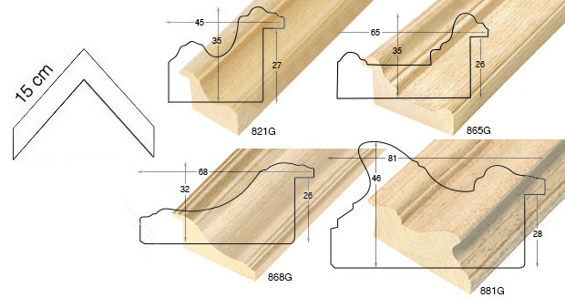 Complete set of corner samples of raw mouldings (5 pieces)