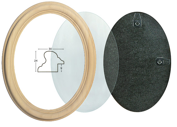 Oval frame in raw wood with glass and back - 18x24 cm