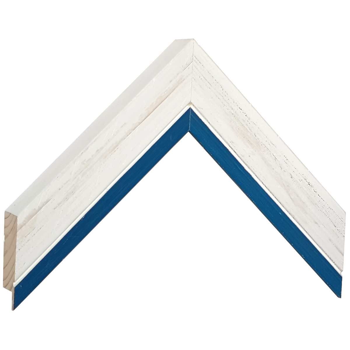 Moulding fingerjointed pine, width 39mm, height 33 - White, blue edge  - Sample