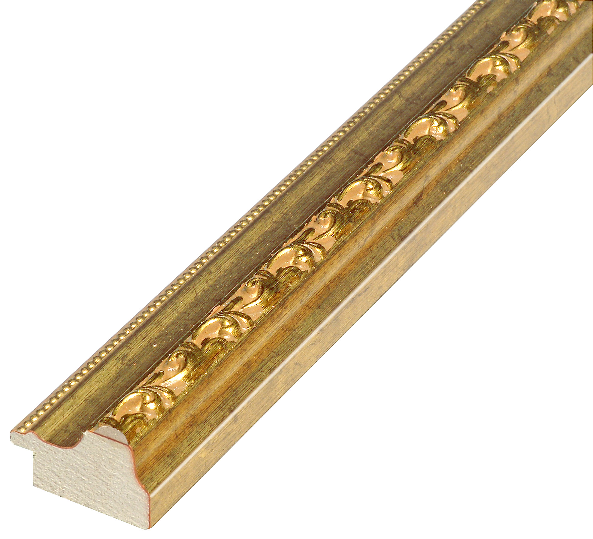 Moulding finger-jointed pine width 32mm - gold with relief decorations